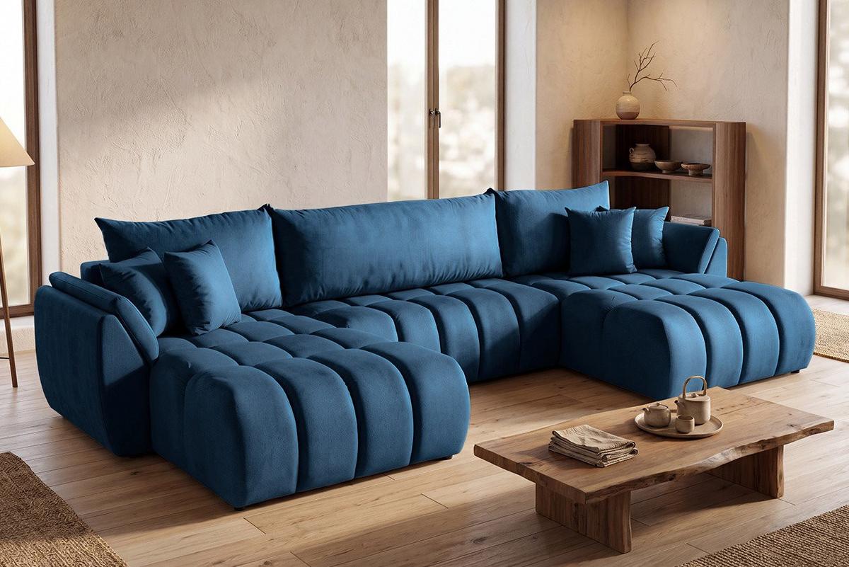 ECKSOFA Iris U mit Schlaffunktion und Bettkasten, U-Form – Dunkelblau Samt 382/184/85 cm - Blau/Schwarz, Kunststoff/Textil (382/184cm) - WFL GROUP