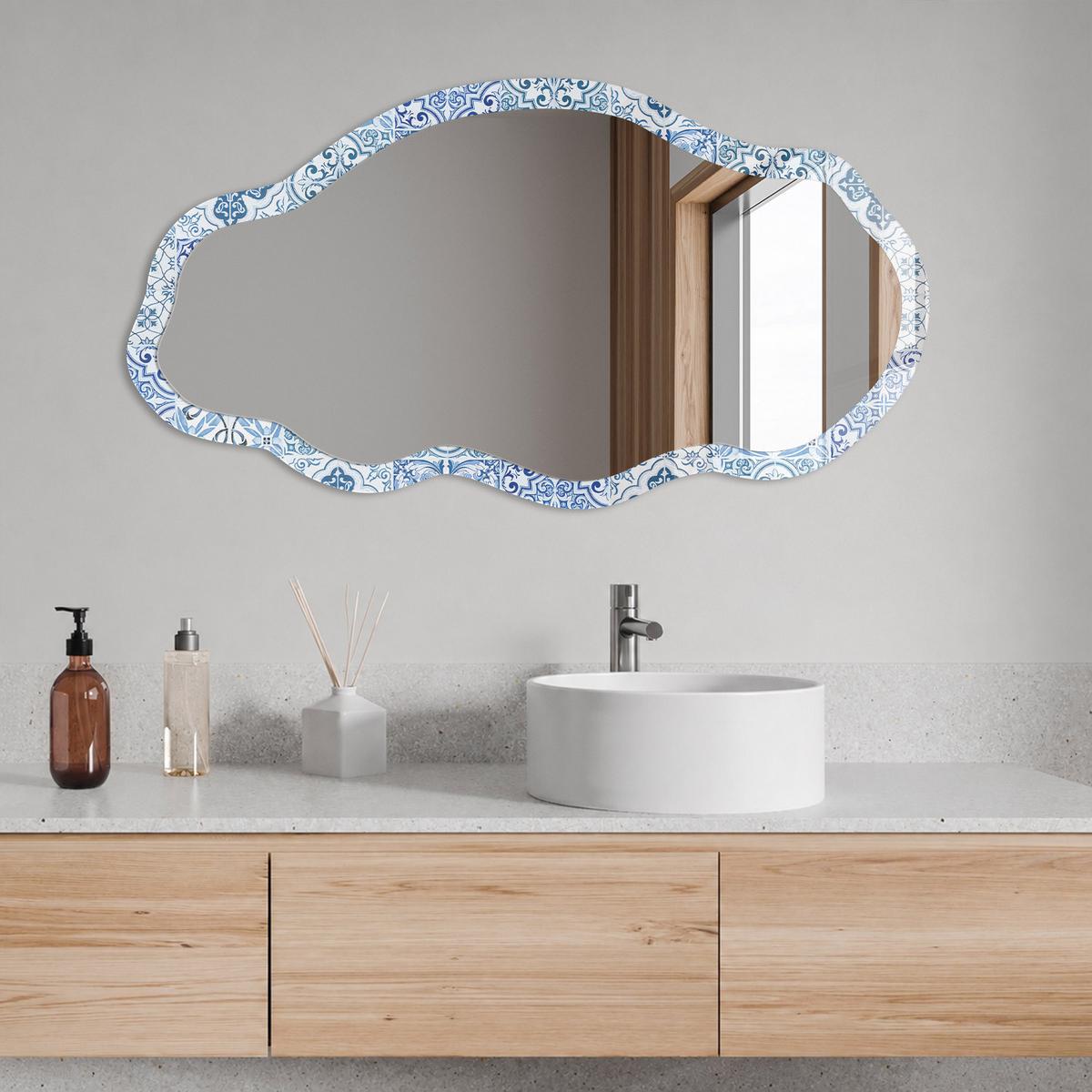 SPIEGEL 90x45 cm asymmetrisch mit Druck - Blaue Fliesen - Transparent, Glas (45/90/0.4cm) - TULUP