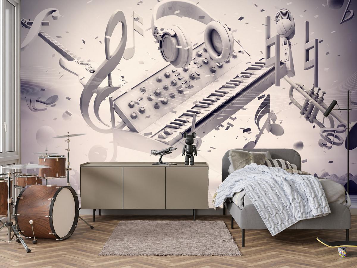 FOTOTAPETE für Jugendzimmer Modern Kollage Musik Klavier Noten Kopfhörer 350x256 - Grau, Papier (350/256cm) - Muralo