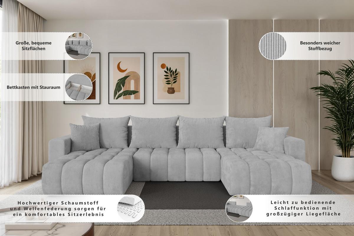 WOHNLANDSCHAFT mit Schlaffunktion und Bettkasten MILA-U-v1 378x194x86 Hellgrau Bouclé - Silberfarben/Hellgrau, Holzwerkstoff/Kunststoff (378/86/194cm) - ALTDECOR