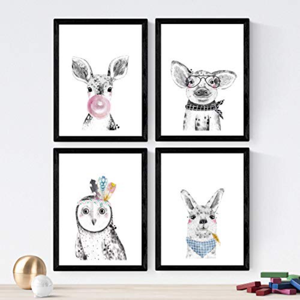 POSTER Set mit 4 Kindern Tieren mit rosa Kaugummi und Gläsern A4 Rahmenlos - Klar, Papier (29.7/3cm) - Nacnic