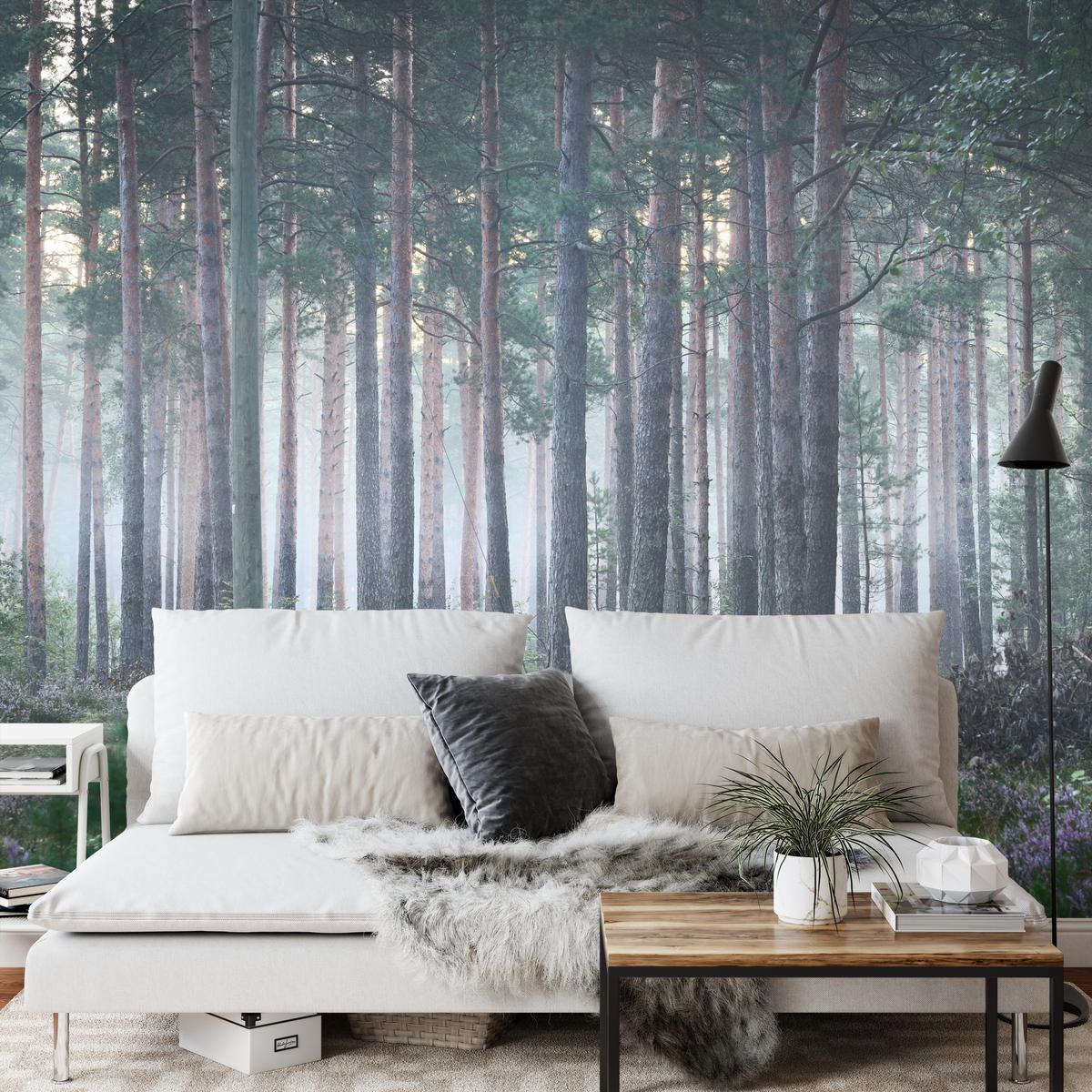 FOTOTAPETE für Wohnzimmer Nebelwald mit Bäumen Moos Grün 450x315 - Grau/Grün, Papier (450/315cm) - Muralo