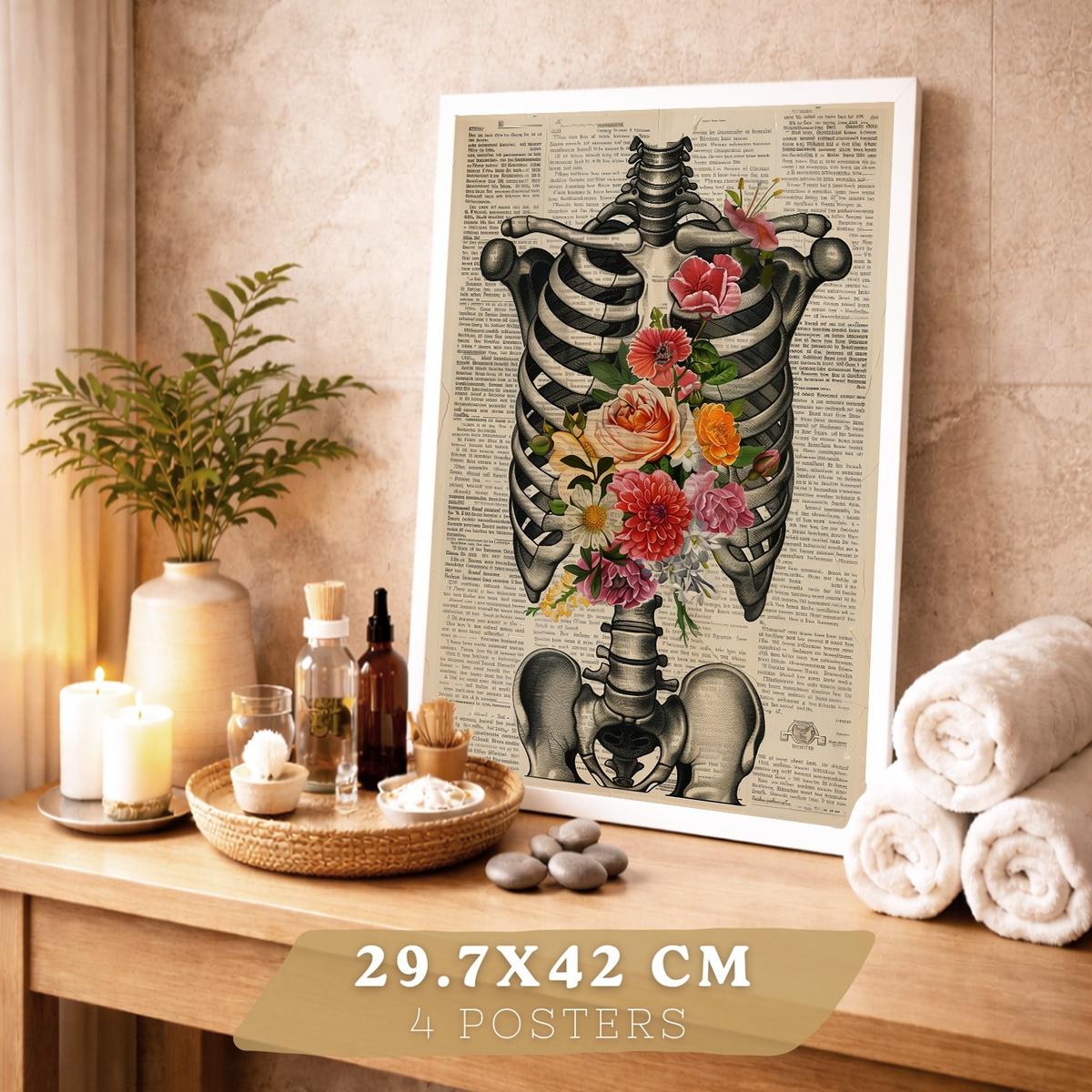POSTER Set aus 4 Vintage Anatomie und Wandbilder mit Rippen Wirbelsäule Lungen Luftröhre Bronchien Gehirn und Schädel Größe Weißer Rahmen A3 - Weiß, Papier (29.7/42/3cm) - Nacnic