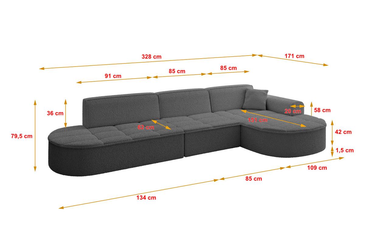 ECKSOFA Ottomane Rechts TARO-L2 - 328x171x79,5 cm Grau - Grau, Holzwerkstoff/Textil (328/171cm) - ALTDECOR