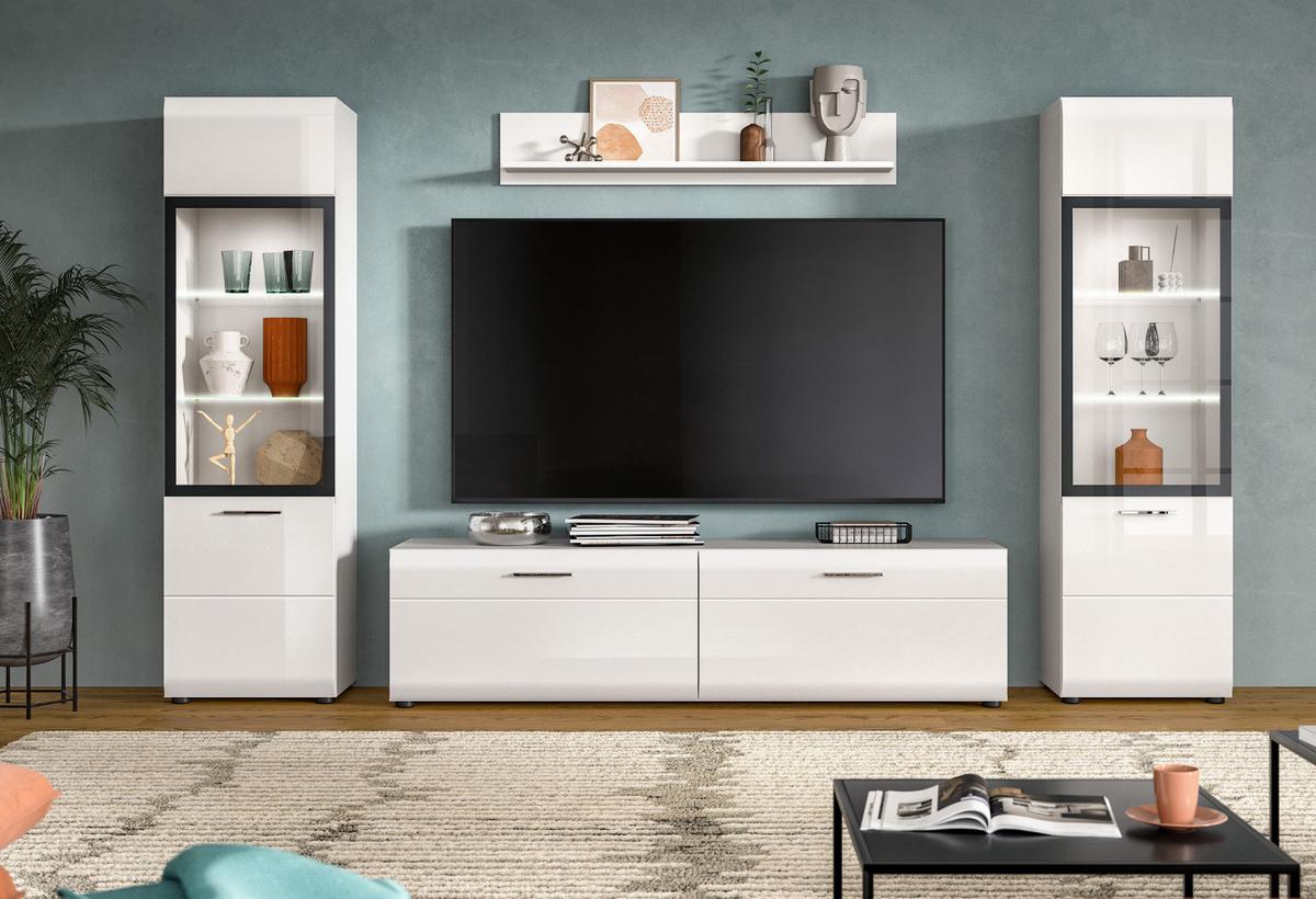 WOHNWAND weiß Hochglanz 4-teilig 280 cm, Schrankwand mit 2 Vitrinen - Weiß Hochglanz/Silberfarben, Glas/Holzwerkstoff (280/160/41cm) - Inn.Furn