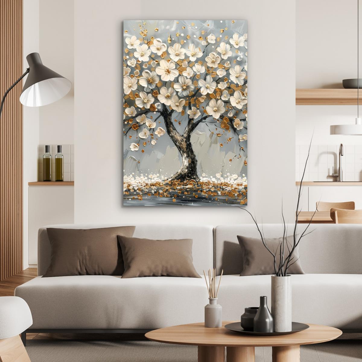 METALLBILD Baum - Blumen - Weiß - Natur - Kunst 80x120 cm - Weiß, Metall (80/120cm) - MuchoWow