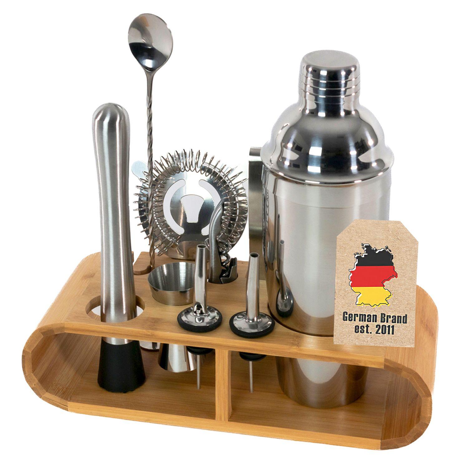 COCKTAIL-SHAKER Set mit Bambus-Ständer (12-tlg.) - Silberfarben, Metall (10.5/25.5/27.5cm) - Intirilife