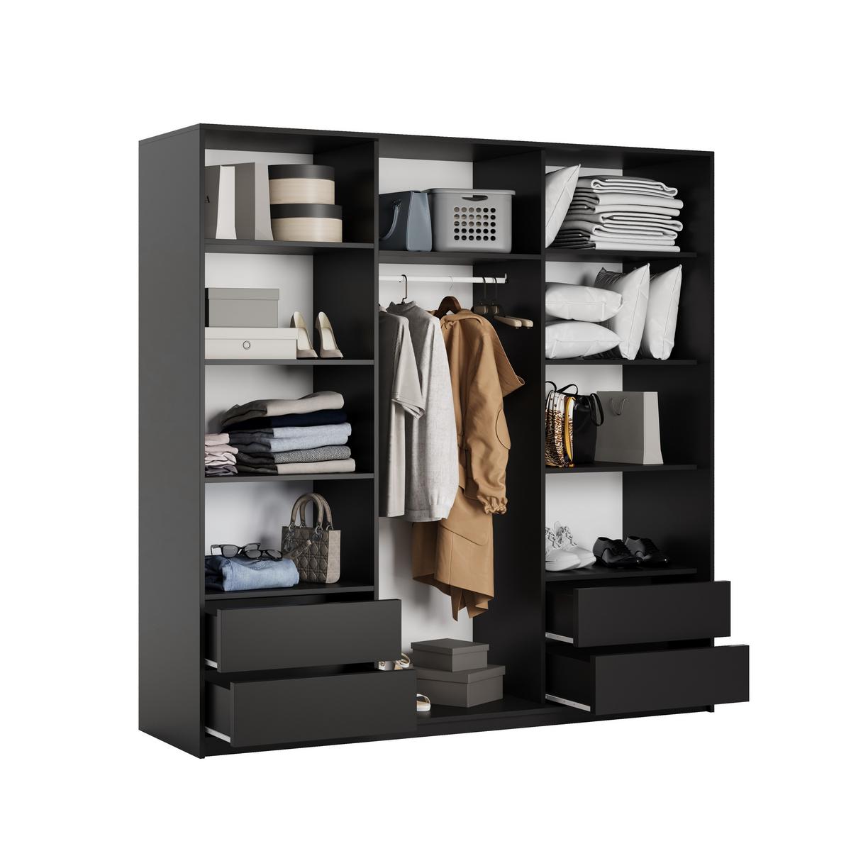 SCHWEBETÜRENSCHRANK ORRA 200/205/60 cm 3-türig mit Spiegel und Lamellen Schwarz - Eiche Wotan/Schwarz, Holzwerkstoff (200/205/60cm) - MASSENO