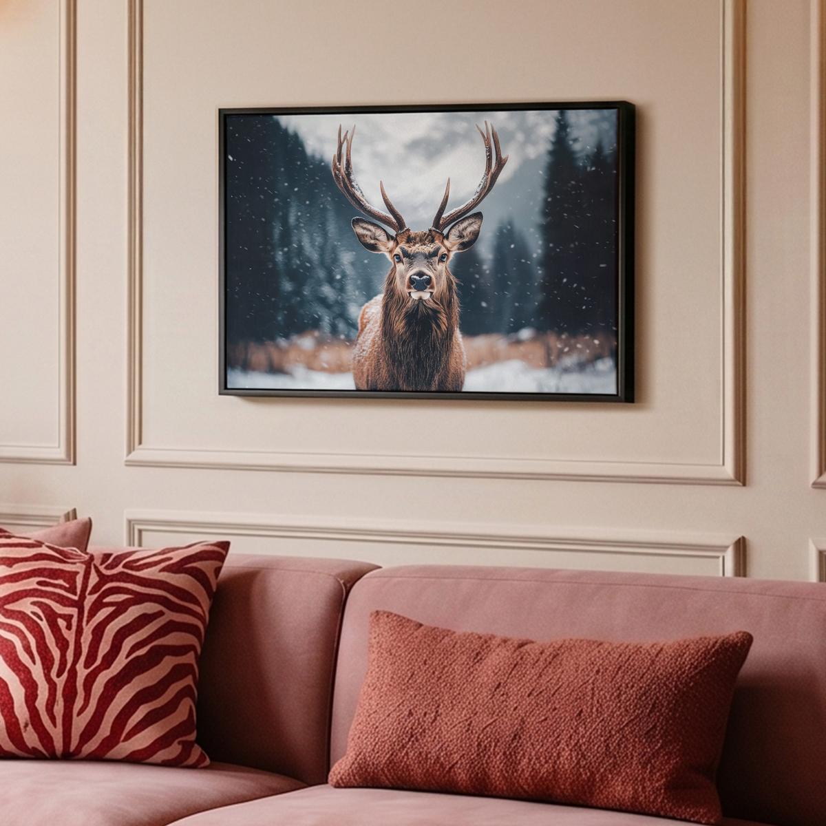 LEINWAND Bilder mit Rahmen - Hirsche - Tiere - Landschaft - Winter - Schnee - 60x40 - Kastanienfarben, Textil (60/40cm) - MuchoWow