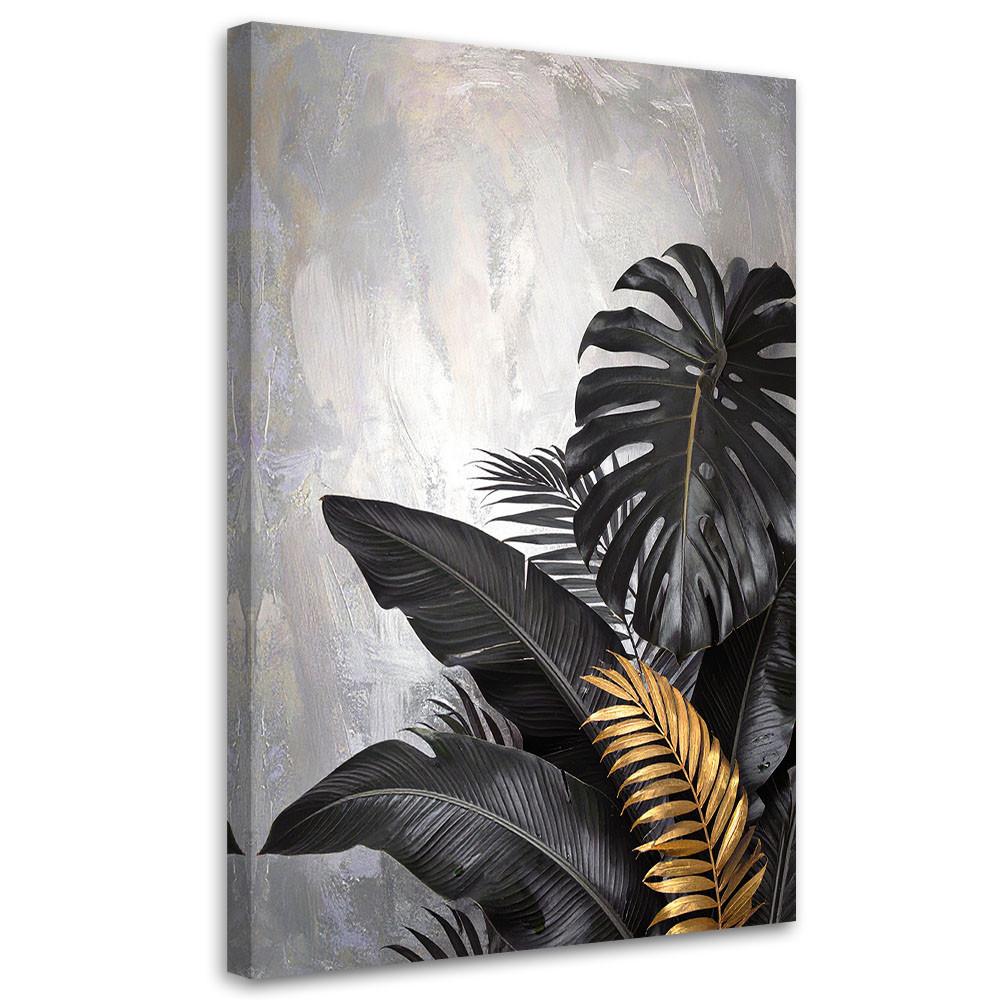 BILD auf Leinwand, Schwarze Blätter von Monstera und Bananenbaum auf grauem Hintergrund - Schwarz, Textil (30/45cm) - Feeby