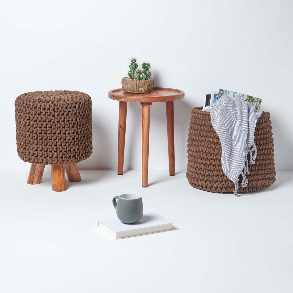 STRICK-HOCKER braun, Dreibein 32/32/42 cm - Braun, Textil (32/42/32cm) - Homescapes