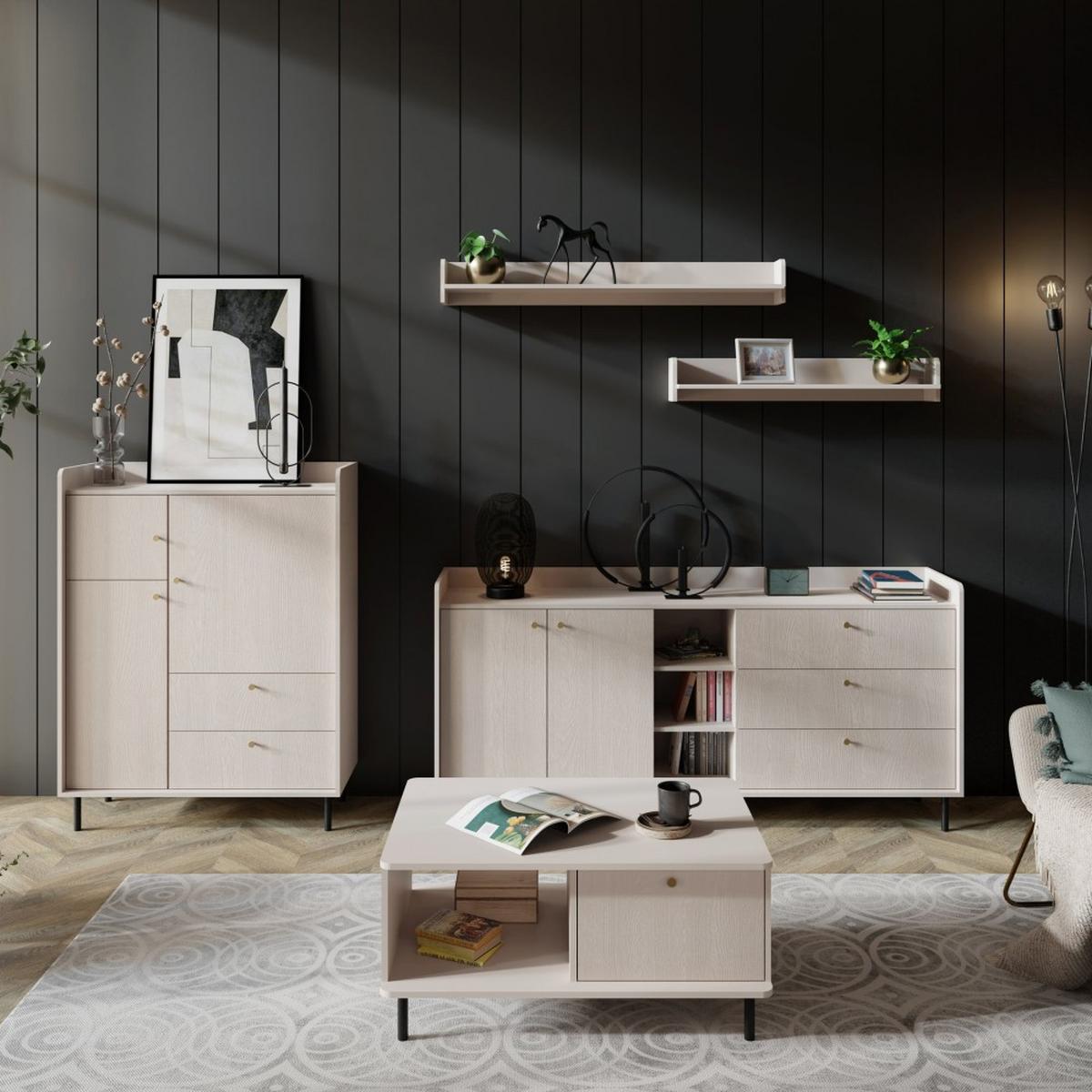 KOMMODE Gloria mit 2 Schubalden und 3 Türen - Beige/Schwarz, Holzwerkstoff/Metall (103/133/42cm) - Beautysofa