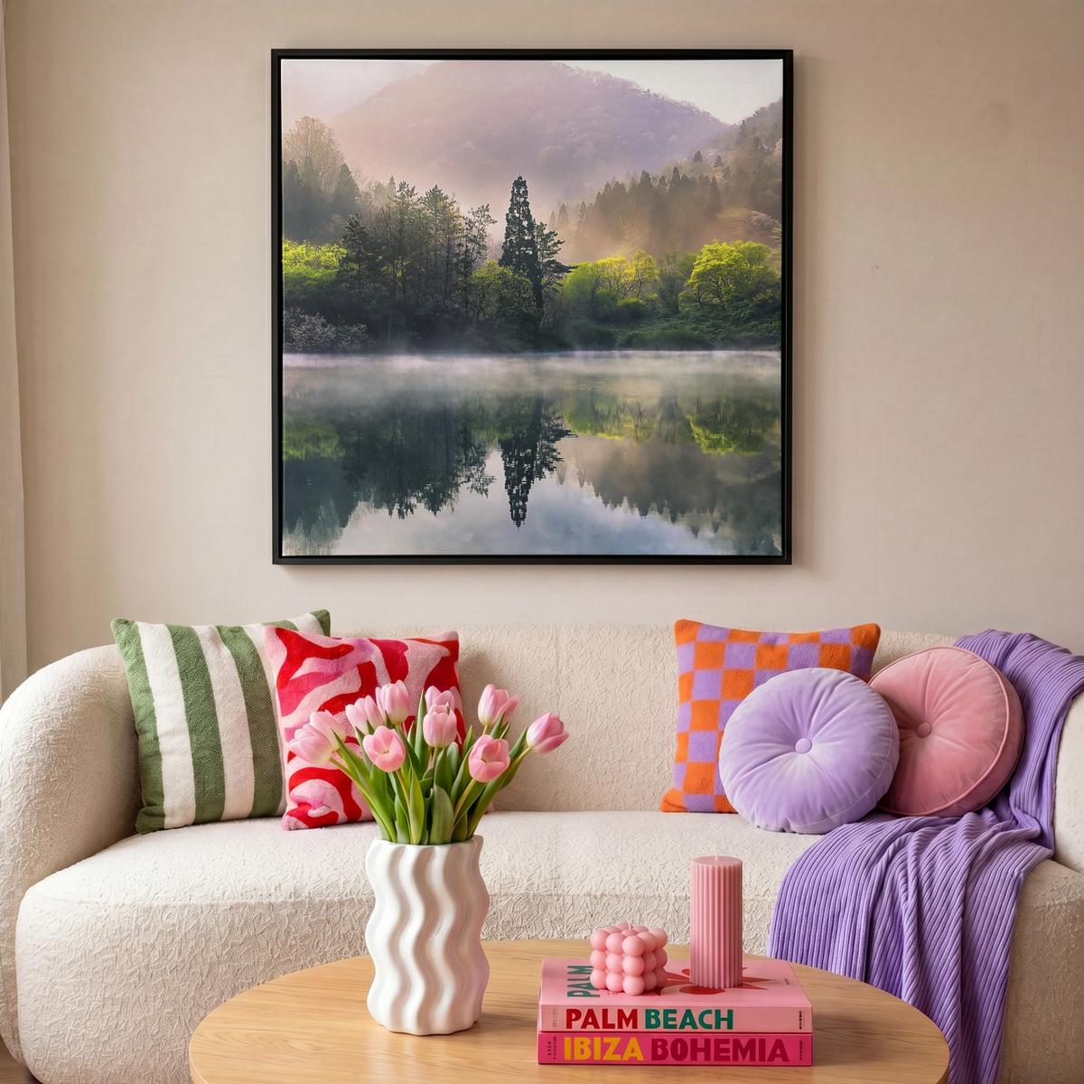 LEINWAND Bilder mit Rahmen - Natur - Bäume - Berge - See - Wasser - 90x90 - Hellgrün, Textil (90/90cm) - MuchoWow