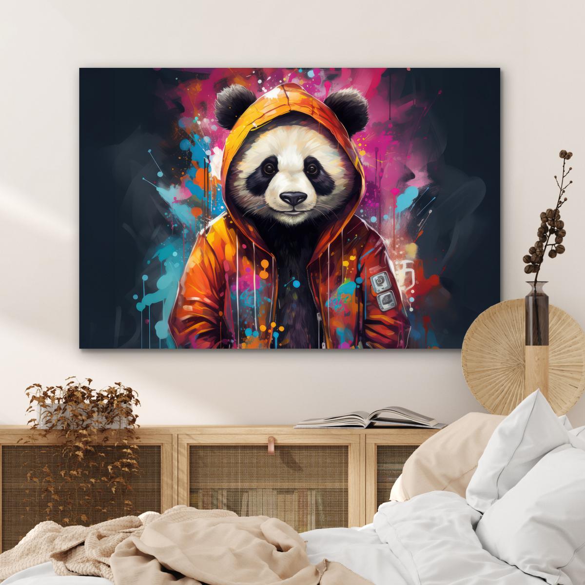 METALLBILD Panda - Jacke - Graffiti - Orange Wanddeko 90x60 cm - Orange, Metall (90/60cm) - MuchoWow