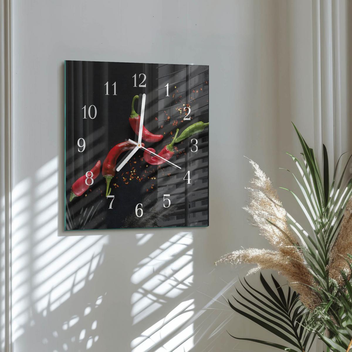 WANDUHR aus Glas 30x30 cm - Chilischoten - Schwarz, Glas (30/30/0.4cm) - TULUP