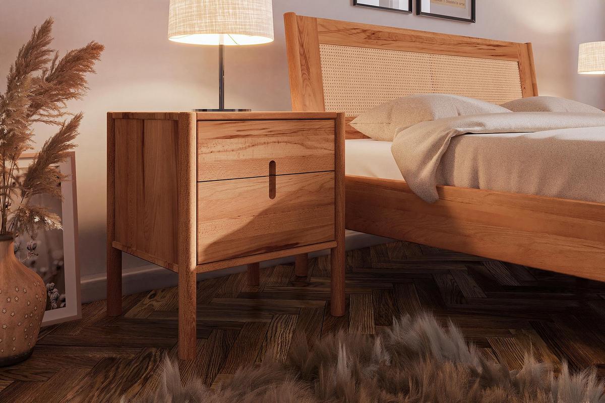 BETT MIT RATTANKOPFTEIL INA 140x220 Kernbuche - Ecru, Holz (140/220cm) - byoak