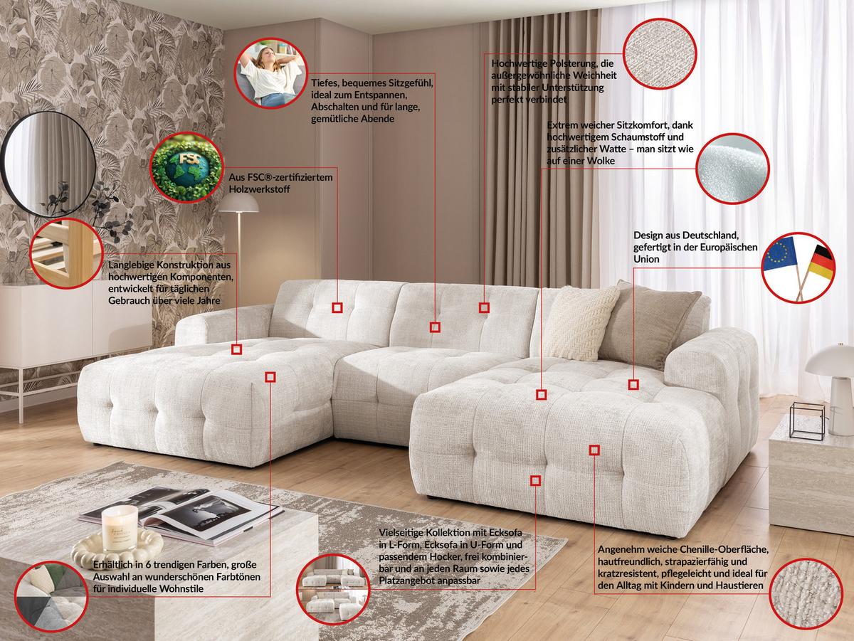 WOHNLANDSCHAFT inkl. Hocker Kozy im Bumpy-Design mit Schlaffunktion und fester Rückenlehne aus weichem Beige Chenille-Stoff - Beige/Creme, Holz/Kunststoff (323/79/161cm) - S-Style Möbel