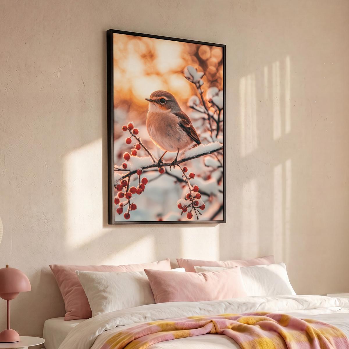 LEINWAND Bilder mit Rahmen - Vogel - Zweig - Winter - Tiere - Schnee - 80x120 - Bernsteinfarben, Textil (80/120cm) - MuchoWow