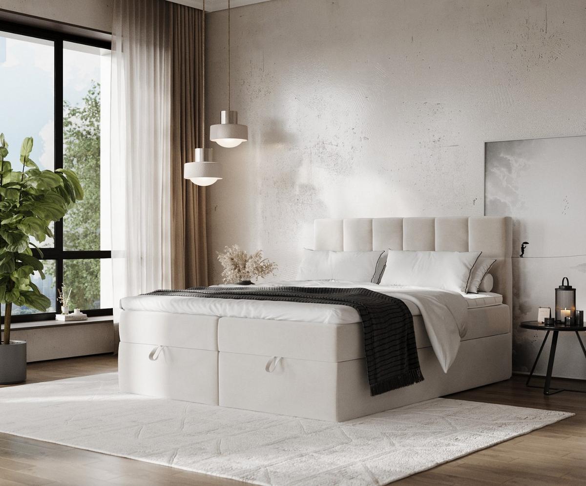 BOXBETT Savio 160/200 cm Hellbeige im Paros Stoff - Beige/Schwarz, Holz/Holzwerkstoff (160/200cm) - AltaBeds