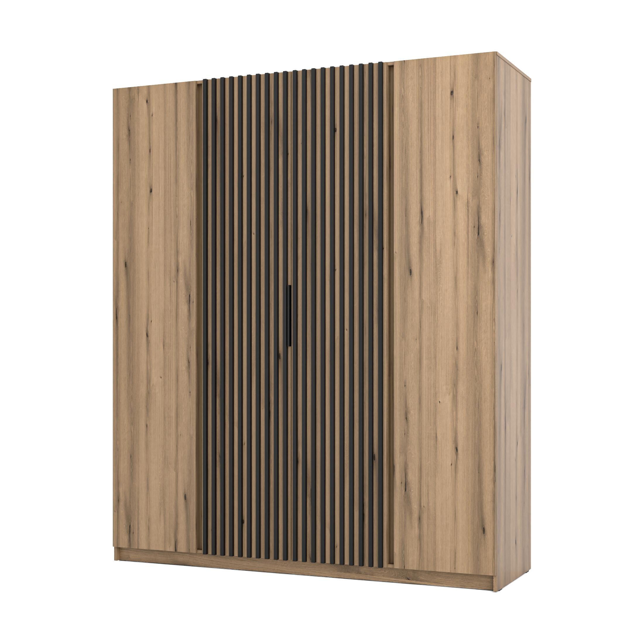 KLEIDERSCHRANK Nehir Korpus Eiche Evoke, Front Eiche Evoke/Schwarz 200 cm - 4T Modern mit 2 Lamellentüren mittig - Eichefarben, Holzwerkstoff/Kunststoff (200/239/61.9cm) - AX Living