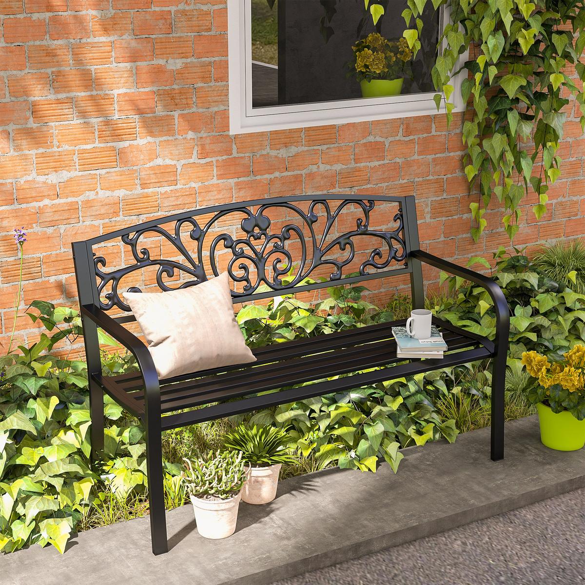 WETTERFESTE SITZBANK, bis 250 kg Belastbar, 127cm x 60cm x 87cm, Metall, Schwarz - Schwarz, Metall (60/87/127cm) - Outsunny