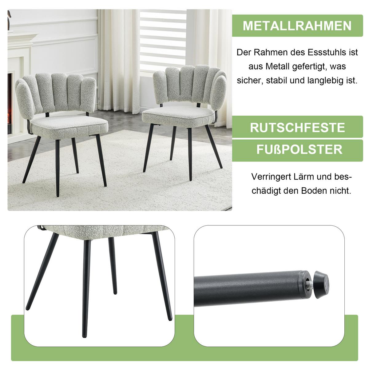 ESSZIMMERSTÜHLE 2er Set Samt Hellgrau Blüten-Rückenlehne & Metallbeine Schwarz - Hellgrau, Textil (60/80/48cm) - Urban Meuble