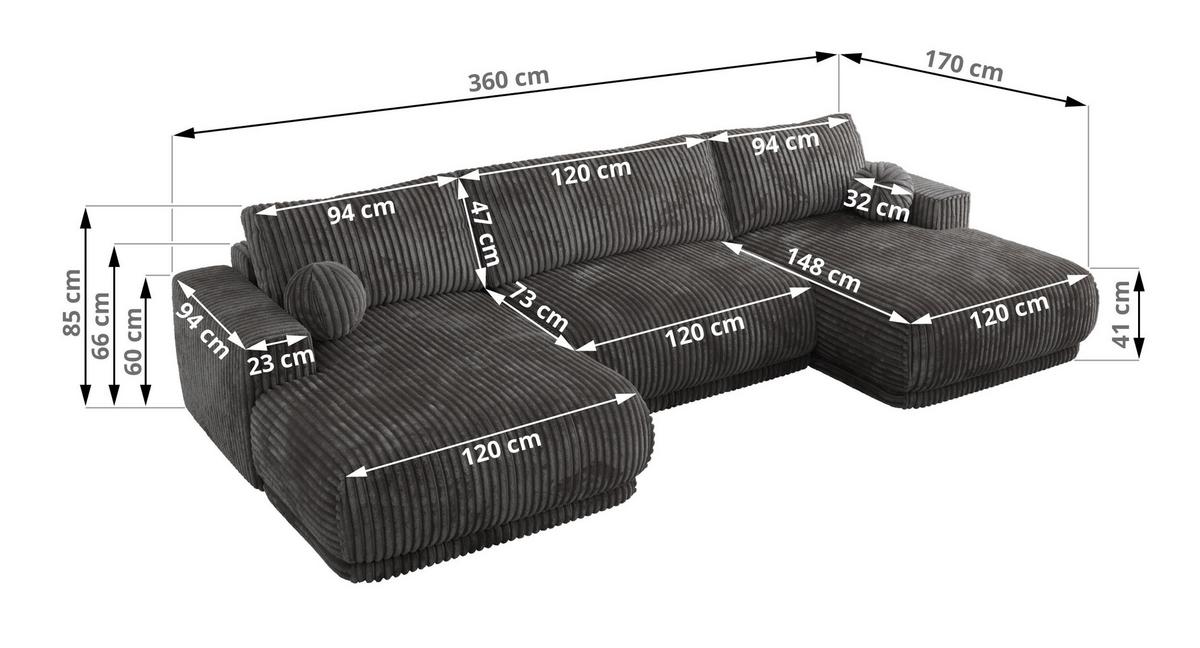 WOHNLANDSCHAFT RINA U Grau Cord - Schwarz/Grau, Kunststoff/Textil (360/85/170cm) - MKS