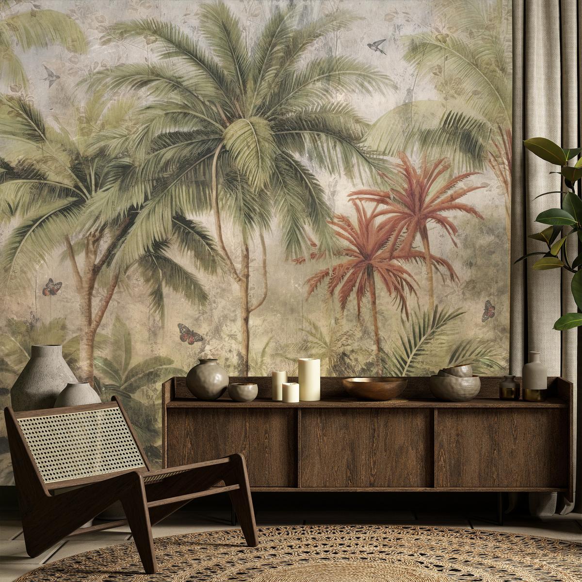 FOTOTAPETE Dschungel Tropische Pflanzen Beton Vintage 450x315 - Beige/Orange, Papier (450/315cm) - Muralo