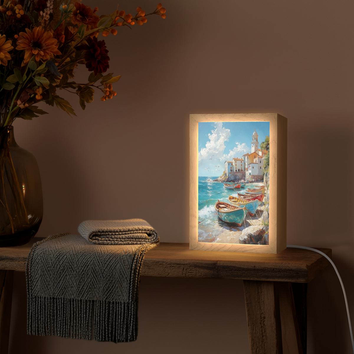 WANDLEUCHTE Boote - Felsen - Meer - Sonne 20x30 cm - Blau, Holzwerkstoff (20/30/8cm) - OnlyWow