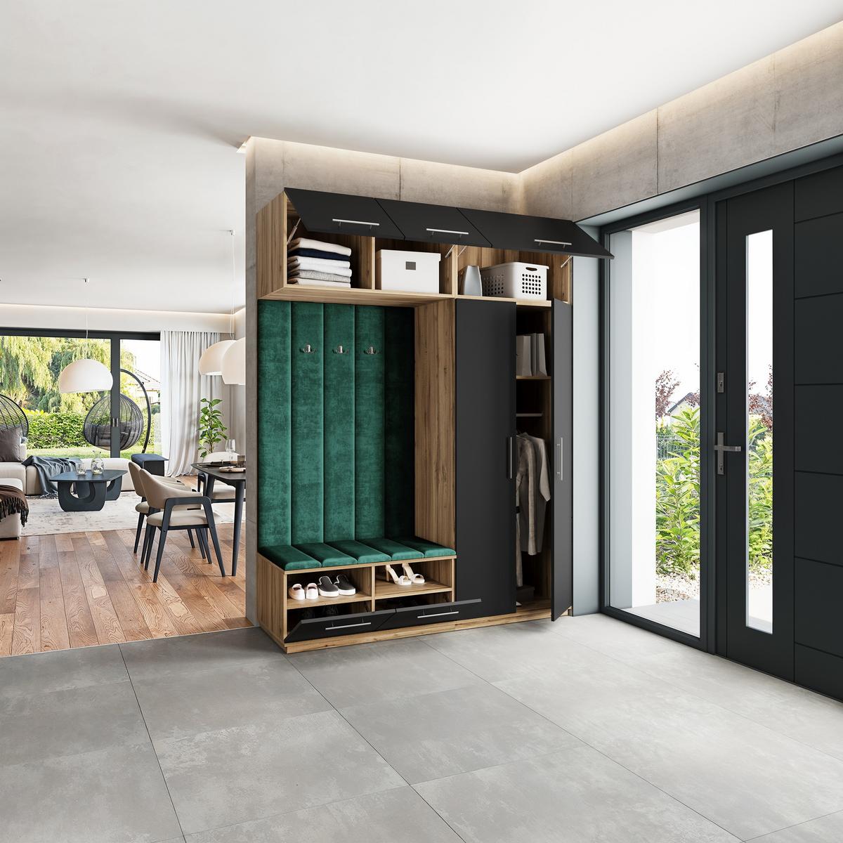 GARDEROBENSCHRANK REMA 180/240/60 cm Modern Garderobe-Set Eiche Wotan - Eiche Wotan/Schwarz, Holzwerkstoff (180/240/60cm) - MASSENO
