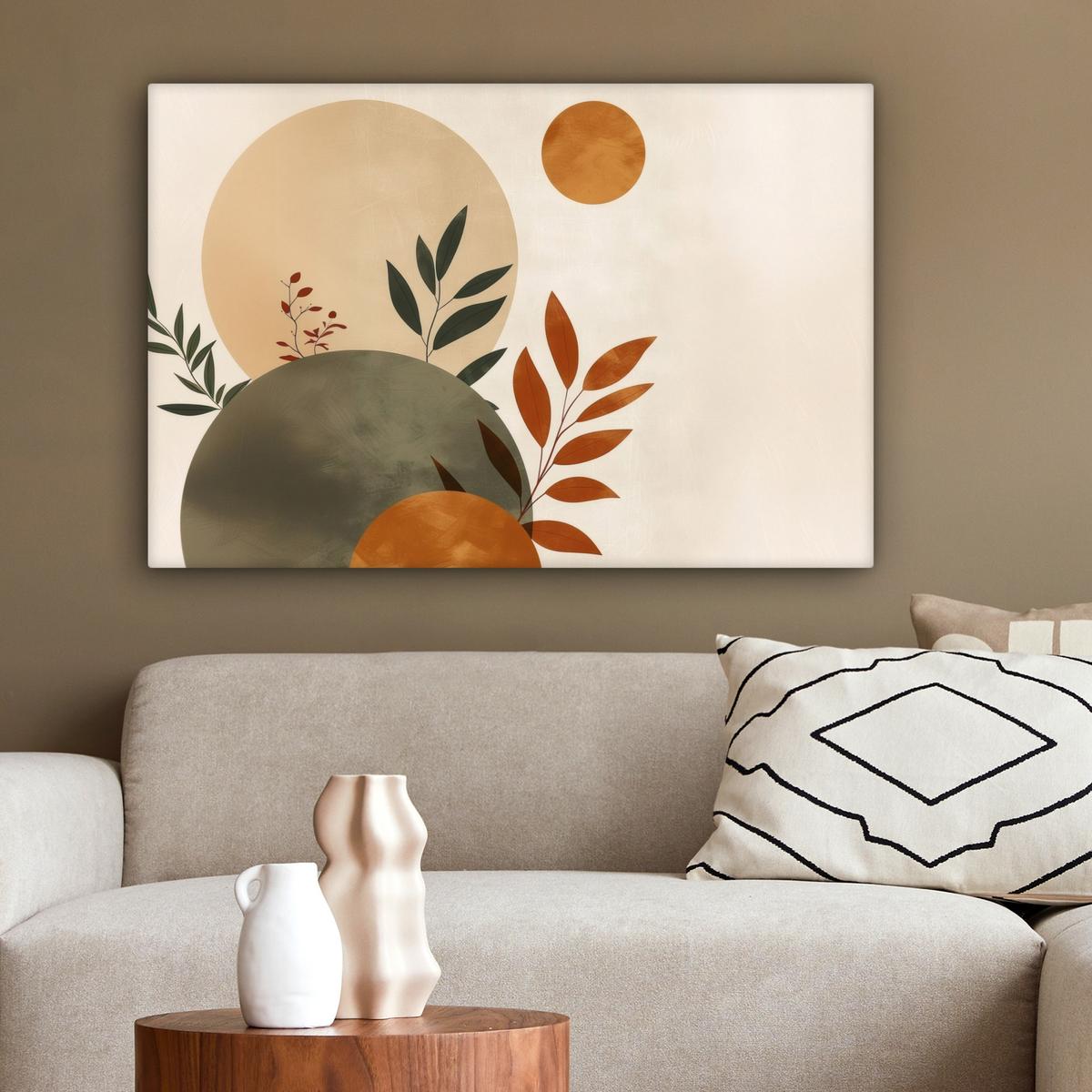 LEINWANDBILD Formen - Rund - Blätter - Beige Gemälde 60x40 cm - Rostfarben, Textil (60/40cm) - MuchoWow