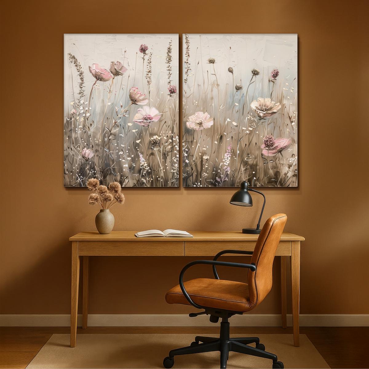 LEINWANDBILD 2er Set Blumen - Beige - Modern - Rosa 180x120 cm - Ecru, Textil (180/120cm) - MuchoWow
