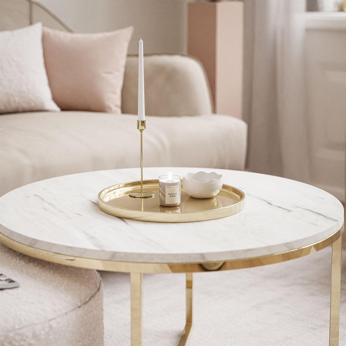COUCHTISCH CIRI-X mit Hocker Gold Chrom|Marmor Levanto|Ascot pink - Goldfarben/Weiß, Holzwerkstoff/Textil (70/70/46cm) - Lookway