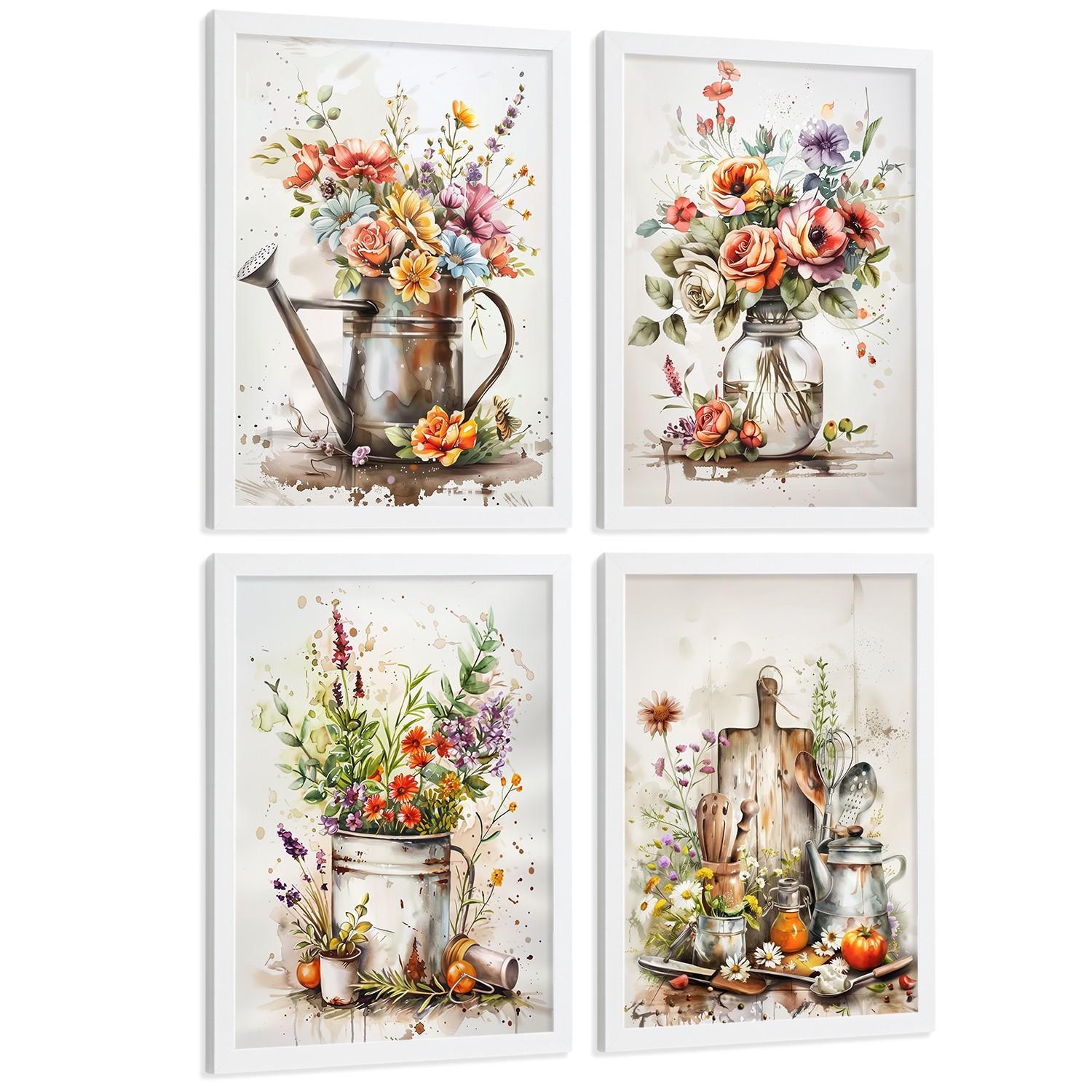 POSTER 4er Set Blumen Küchen-Wandbilder Gießkanne Vase Utensilien Botanisches Aquarell Wohnzimmer Deko Weißer Rahmen A4 - Weiß, Papier (29.7/1/21cm) - Nacnic