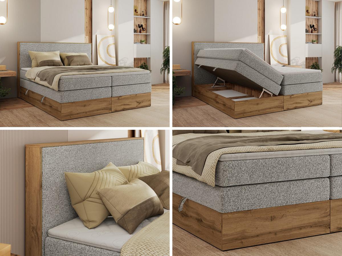 BOXBETT WOOD CLASSIC KING 200/200 - Hellgrau Strukture - H3 - Hellgrau, Textil (200/200cm) - MKS