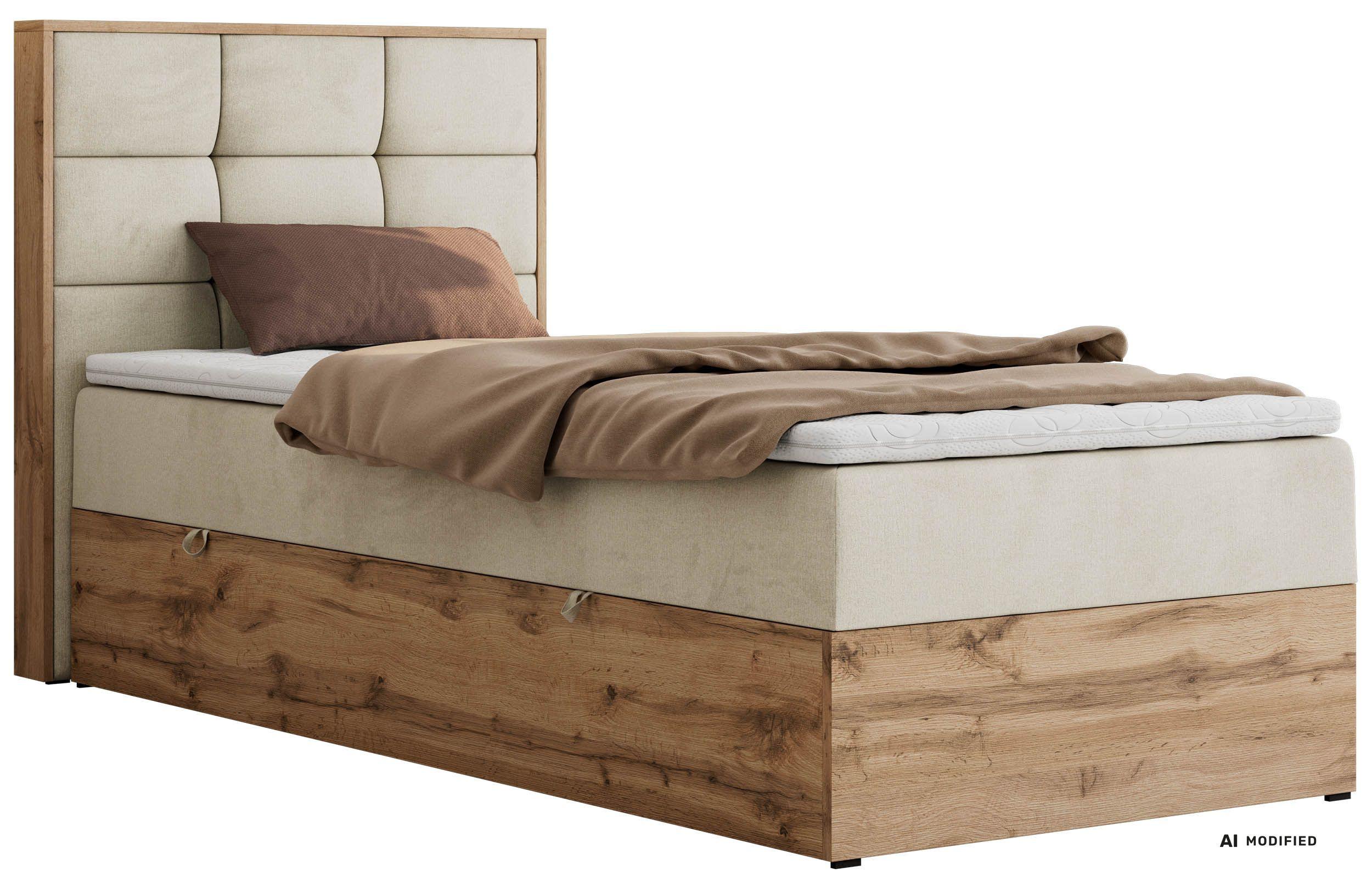 BOXBETT ALBERO 1 90/200 - Beige Velvet - Topper Visco - H3 - Links - Beige/Schwarz, Kunststoff/Textil (90/200cm) - MKS