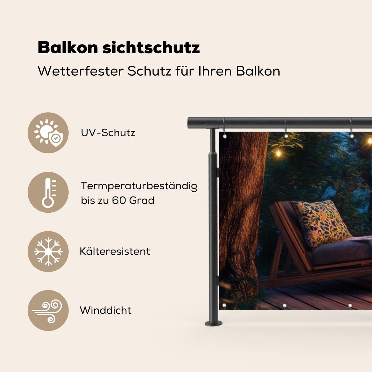 BALKON-SICHTSCHUTZ Lagerfeuer - See - Abendlicht Witterungsbeständig 300x75 cm - Dunkelblau, Kunststoff (300/75cm) - MuchoWow