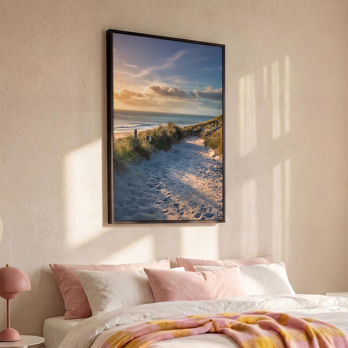 LEINWAND Bilder mit Rahmen - Sonnenuntergang - Strand - Düne - Gras - Ufer - 80x120 - Sandfarben, Textil (80/120cm) - MuchoWow