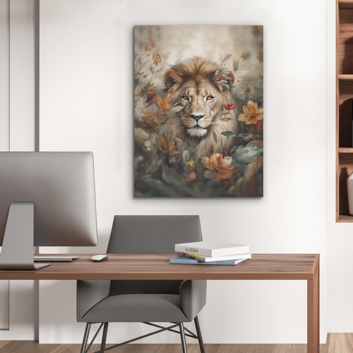 AKUSTIKBILD Löwe - Wildtiere - Pflanzen - Natur - Blumen Wandbilder 60x80 cm - Beige, Kunststoff (60/80/0.9cm) - MuchoWow