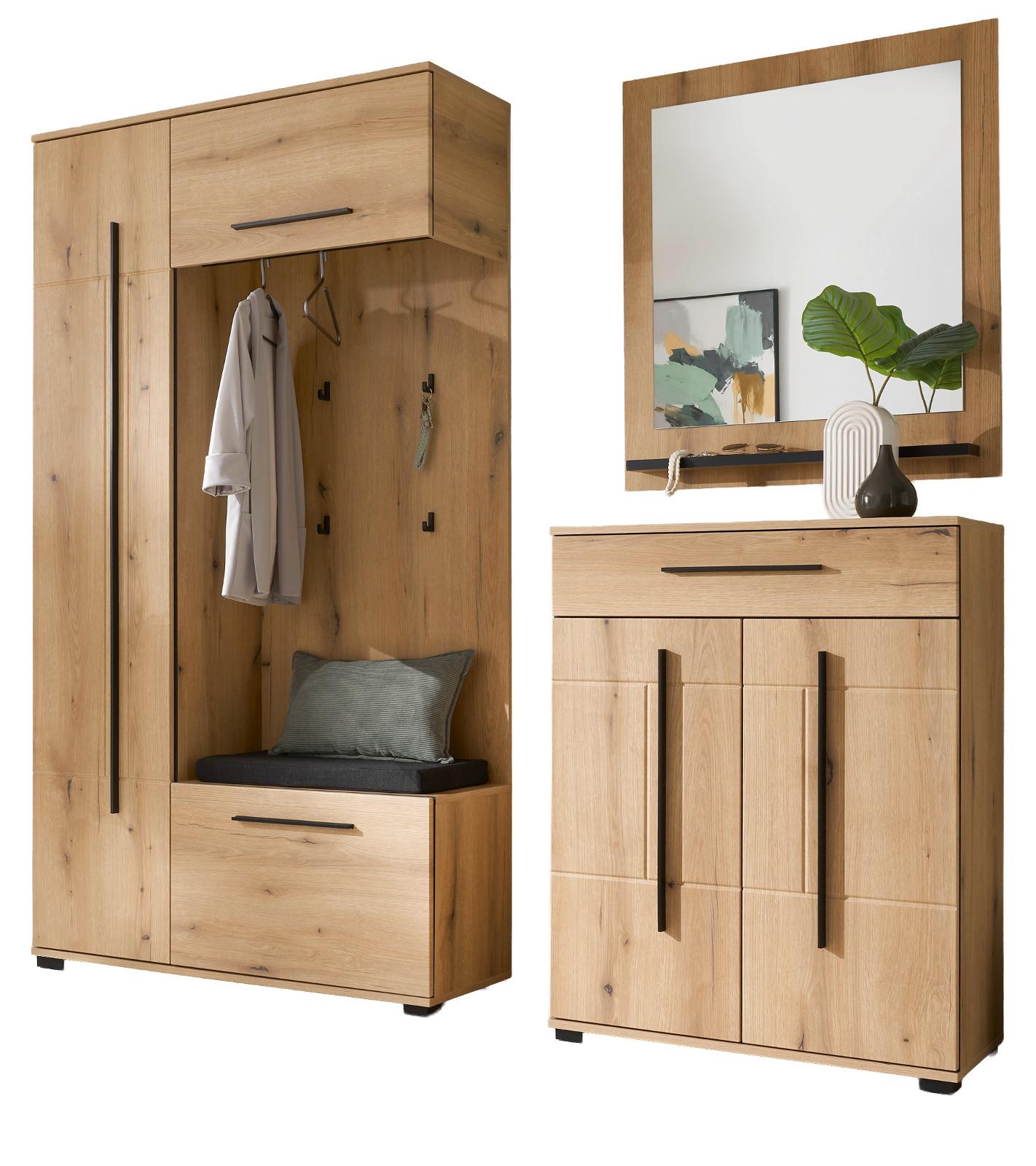 GARDEROBEN-SET Evoke Eiche 4-teilig 200 cm, Flurgarderobe mit viel Stauraum - Dunkelgrau/Eichefarben, Glas/Holzwerkstoff (201/200/39cm) - Furn.Design