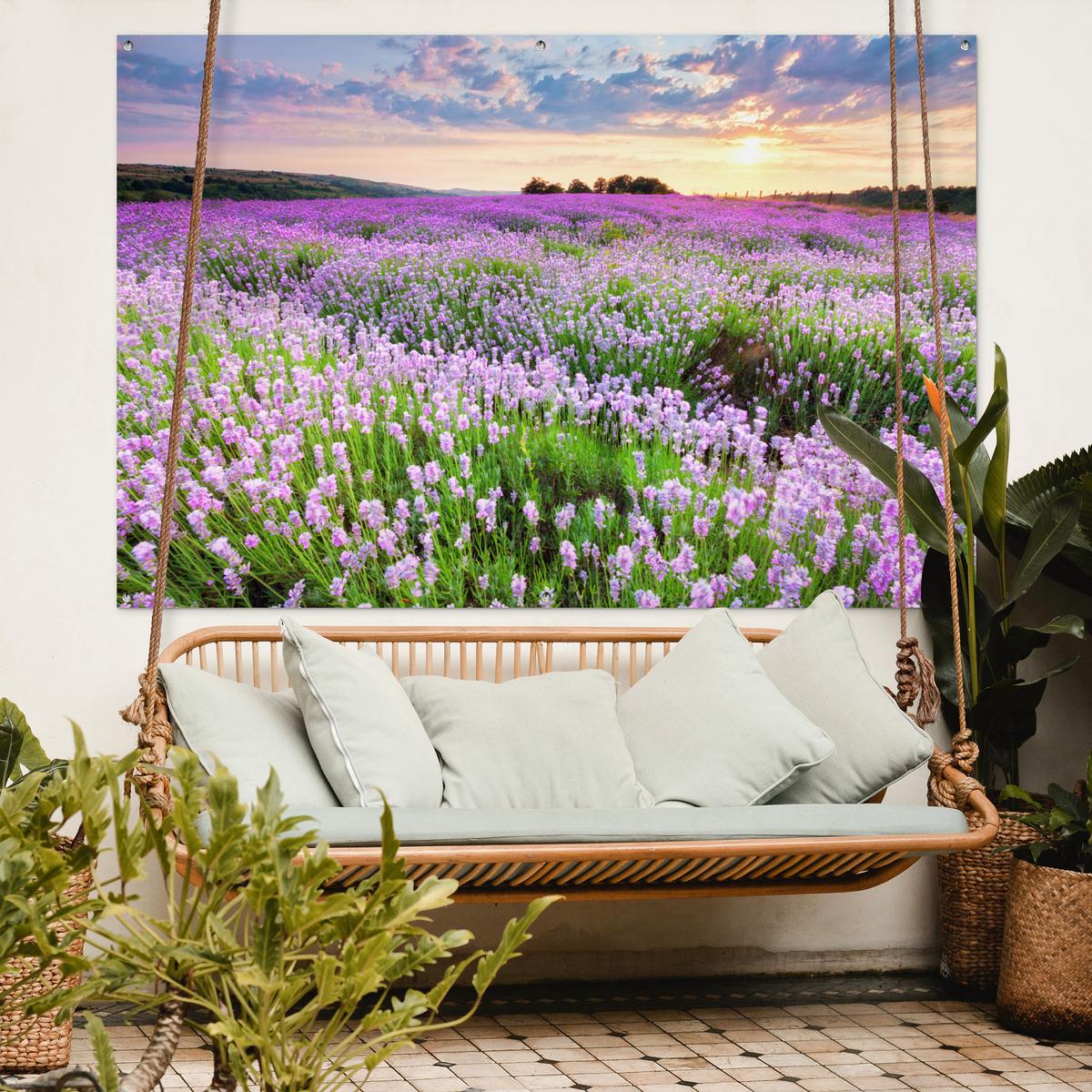GARTENPOSTER Blumen - Lavendel - Lila - Himmel - Sonnenuntergang - Wiese - Natur Poster für draußen 180x120 cm - Flieder, Kunststoff (180/120/0.2cm) - OnlyWow