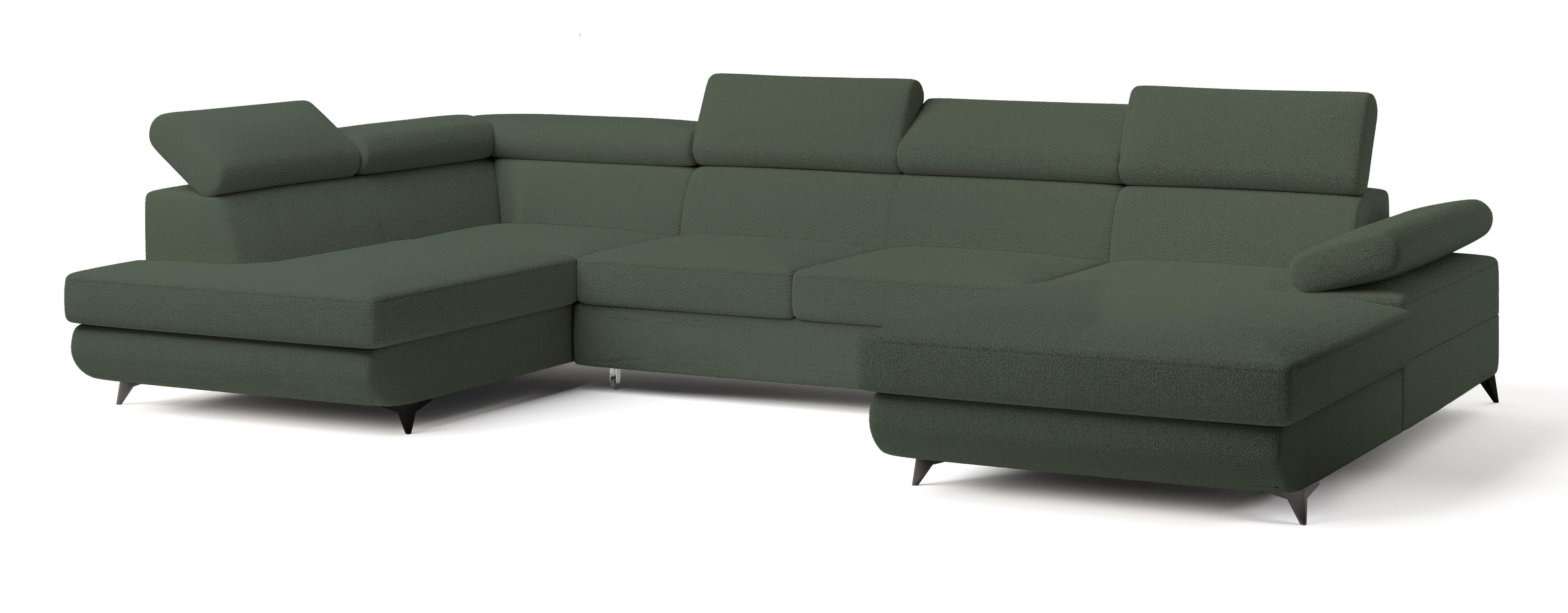 WOHNLANDSCHAFT RUBANO L-S Grün Boucle-Stoff mit Schlaffunktion - Grün, Holz (339/89/190cm) - MASSENO