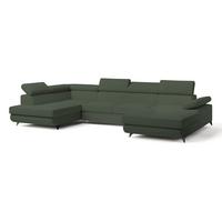 WOHNLANDSCHAFT RUBANO L-S Grün Boucle-Stoff mit Schlaffunktion - Grün, Holz (339/89/190cm) - MASSENO