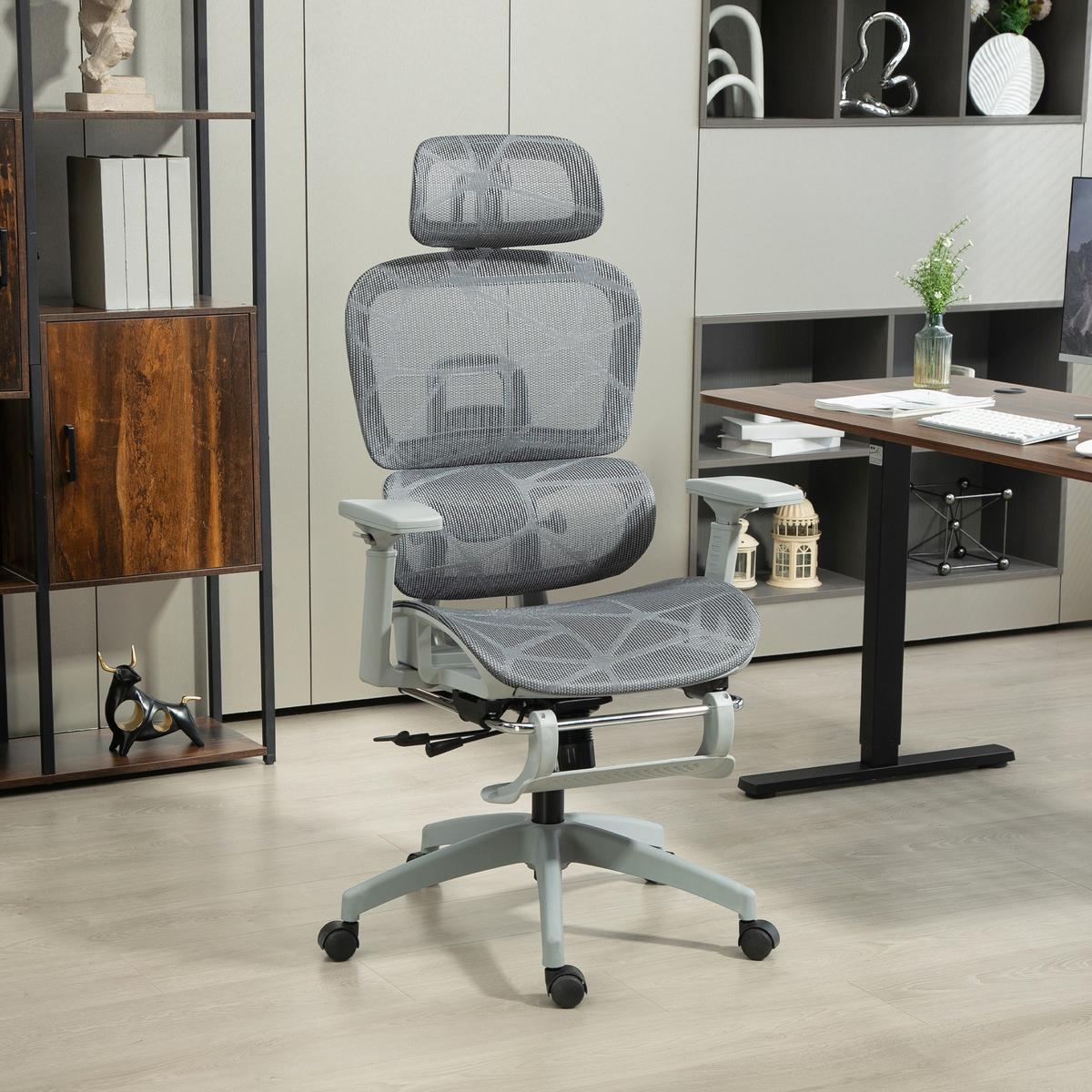 BÜROSTUHL Schreibtischstuhl mit Armlehne Kopfstütze Lendenwirbelstütze Grau - Grau, Kunststoff/Textil (64/122/66cm) - HOMCOM