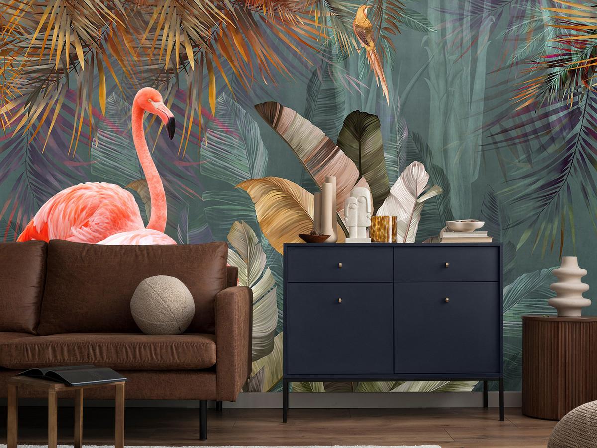 FOTOTAPETE für Wohnzimmer Flamingos Dschungel Blätter Tropisch 100x70 - Multicolor, Papier (100/70cm) - Muralo