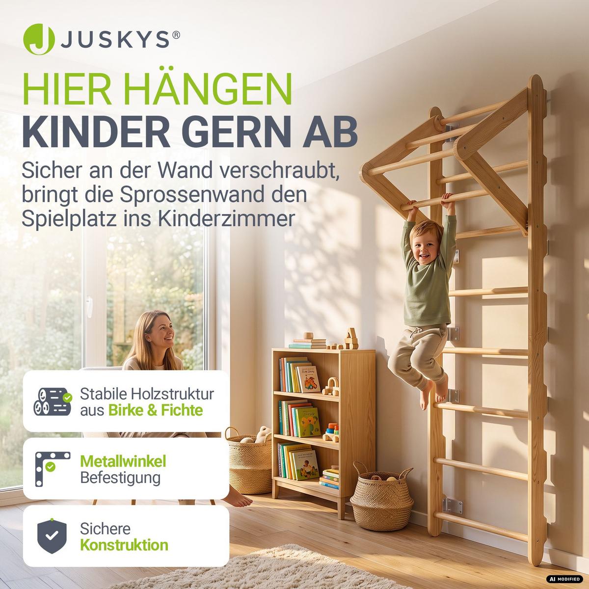 SPROSSENWAND für Kinder mit Turnringen - Naturfarben, Holz (62/57cm) - Juskys