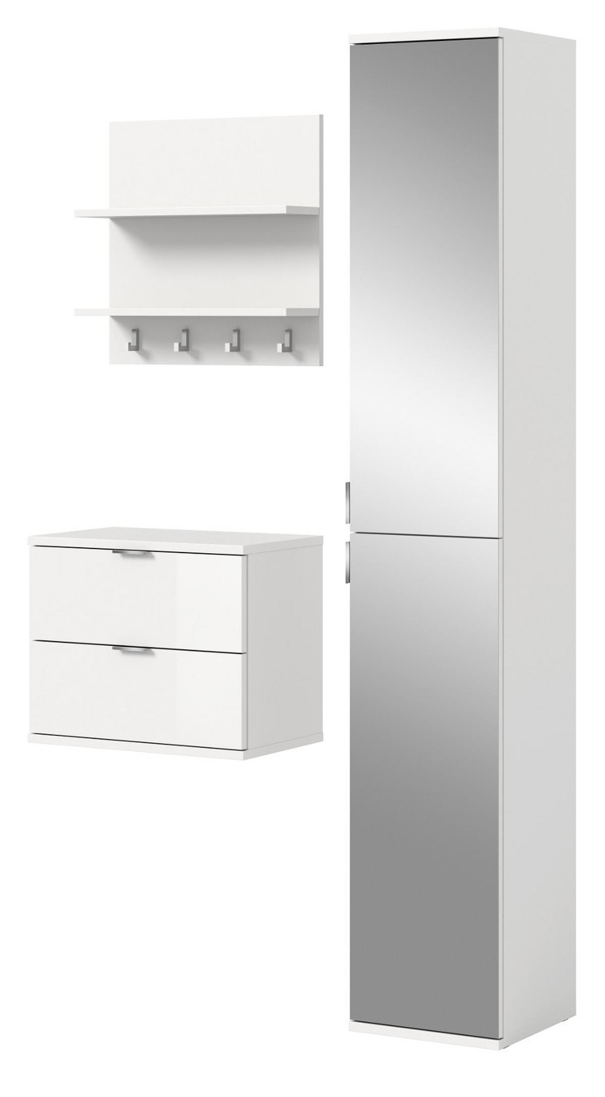 GARDEROBE Set 3-teilig weiß Hochglanz 97 cm, Komplettset mit Spiegel - Chromfarben/Weiß Hochglanz, Glas/Holzwerkstoff (97/193/34cm) - Inn.Furn