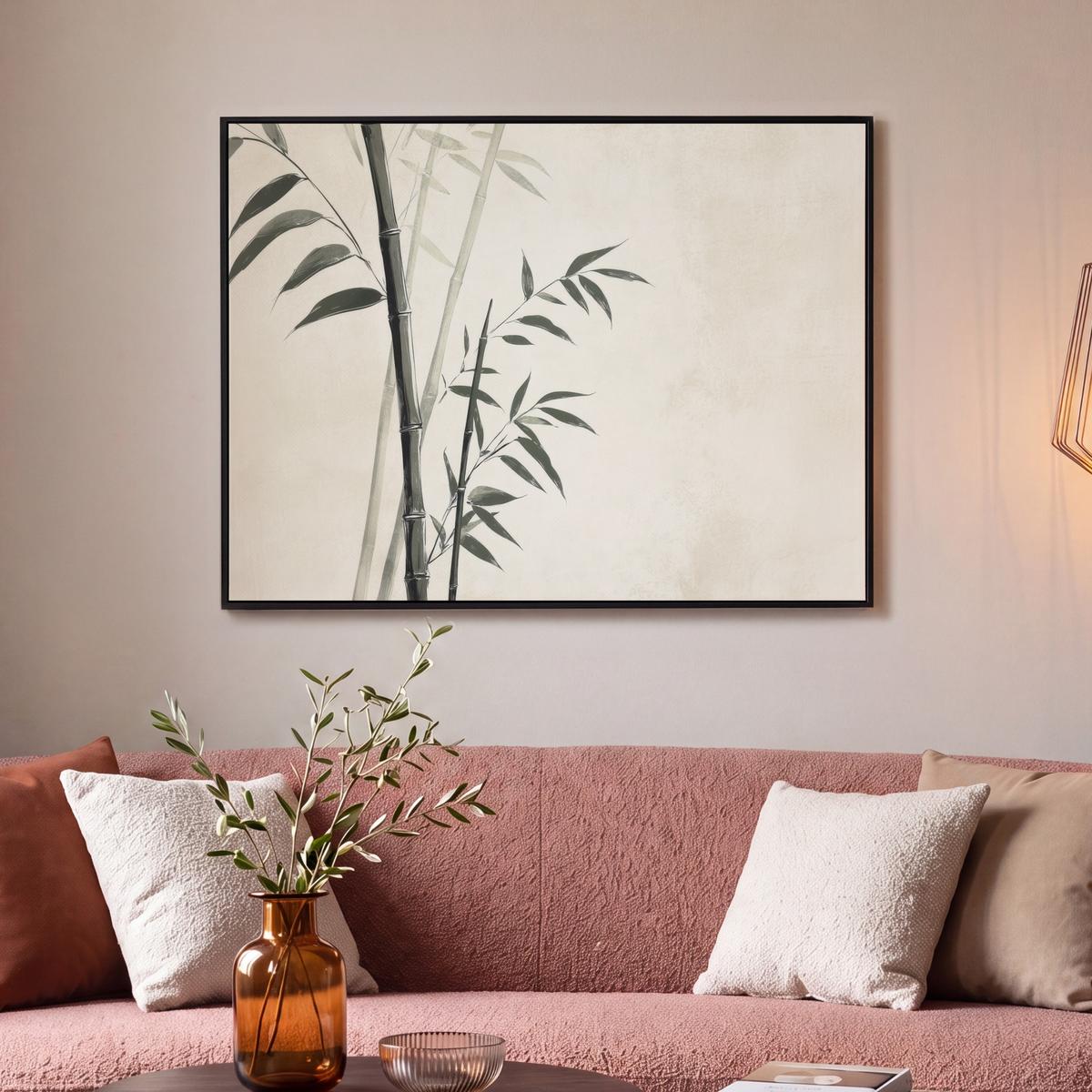 LEINWAND Bilder mit Rahmen - Japandi - Bambus - Beige - 100x70 - Eukalyptusholzfarben, Textil (100/70cm) - MuchoWow