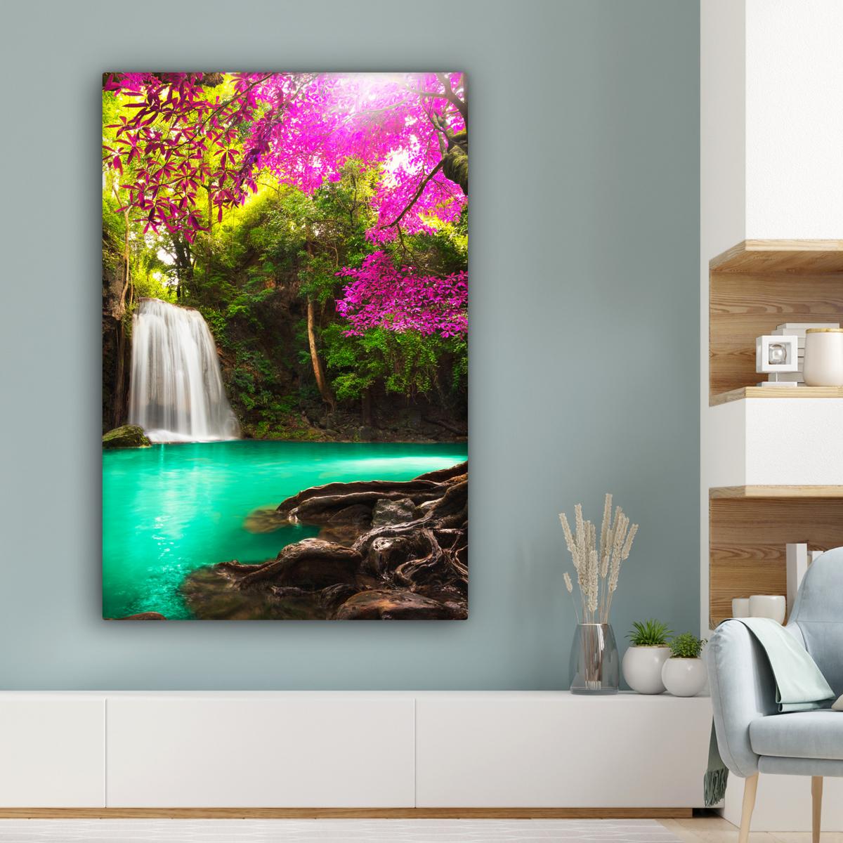 LEINWANDBILD Wasserfall mit bunten Blumen und Bäumen - Natur - Dschungel Deko Groß 90x140 cm - Waldgrün, Textil (90/140cm) - MuchoWow