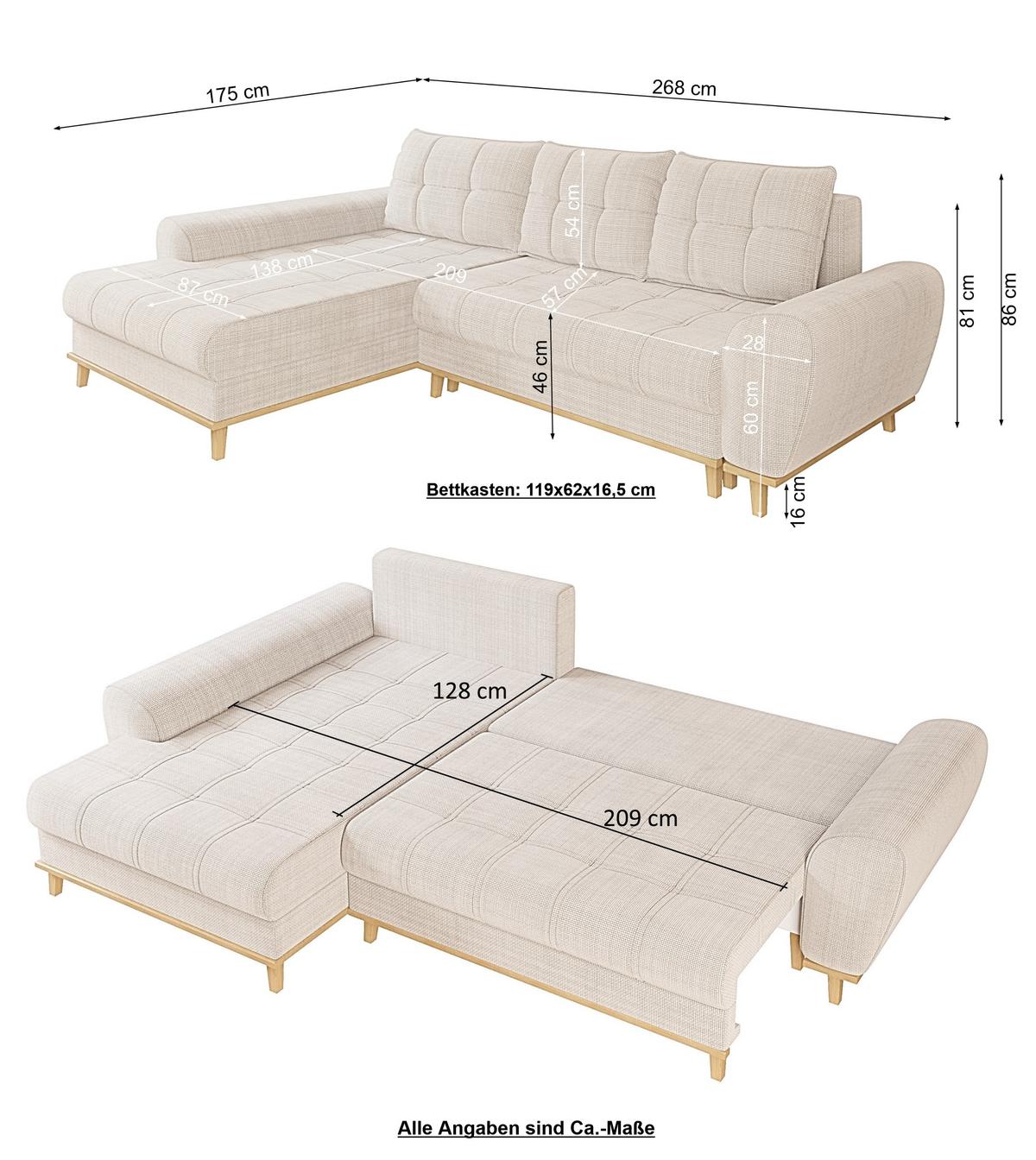 ECKSOFA im Scandi-Stil, Schlaffunktion, Bettkasten B268/T175/H86 cm, Ottomane links, Liegefl. 128x209 cm, Bouclé Chenille Stoff in Beige / 21014 - Eichefarben/Beige, Holz/Textil (268/175cm) - luma-home
